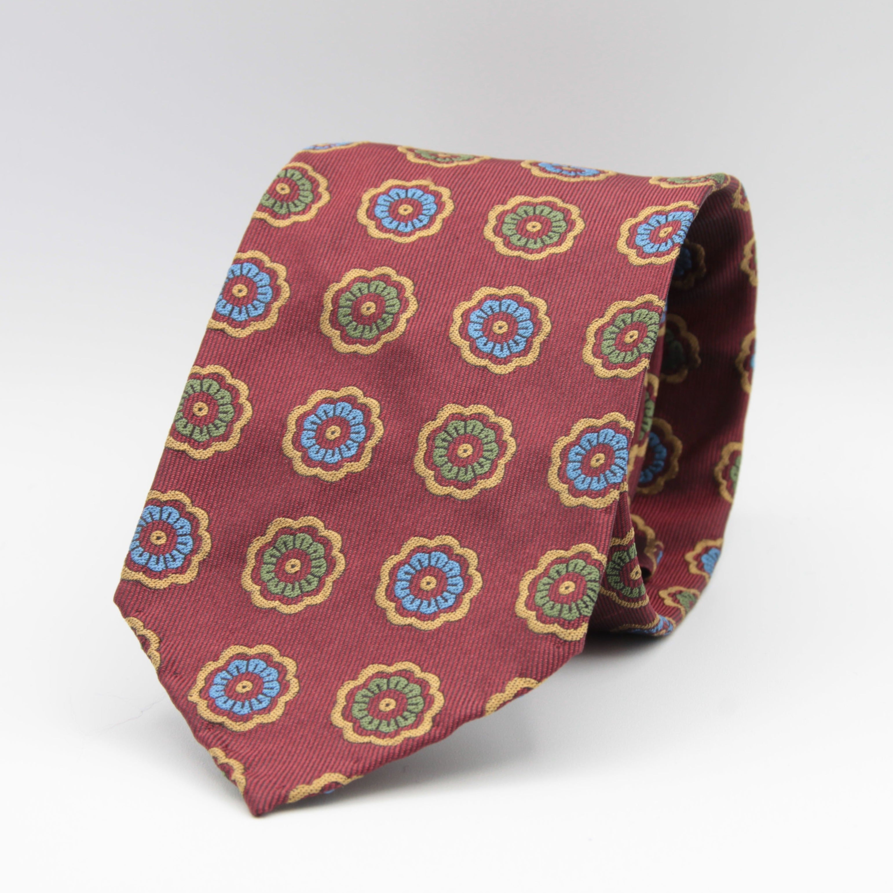 Cruciani & Bella 100% Woven Jacquard Silk Unlined Red, Brown, Blue and Green motif tie Handmade in England 8 x 153 cm #6264