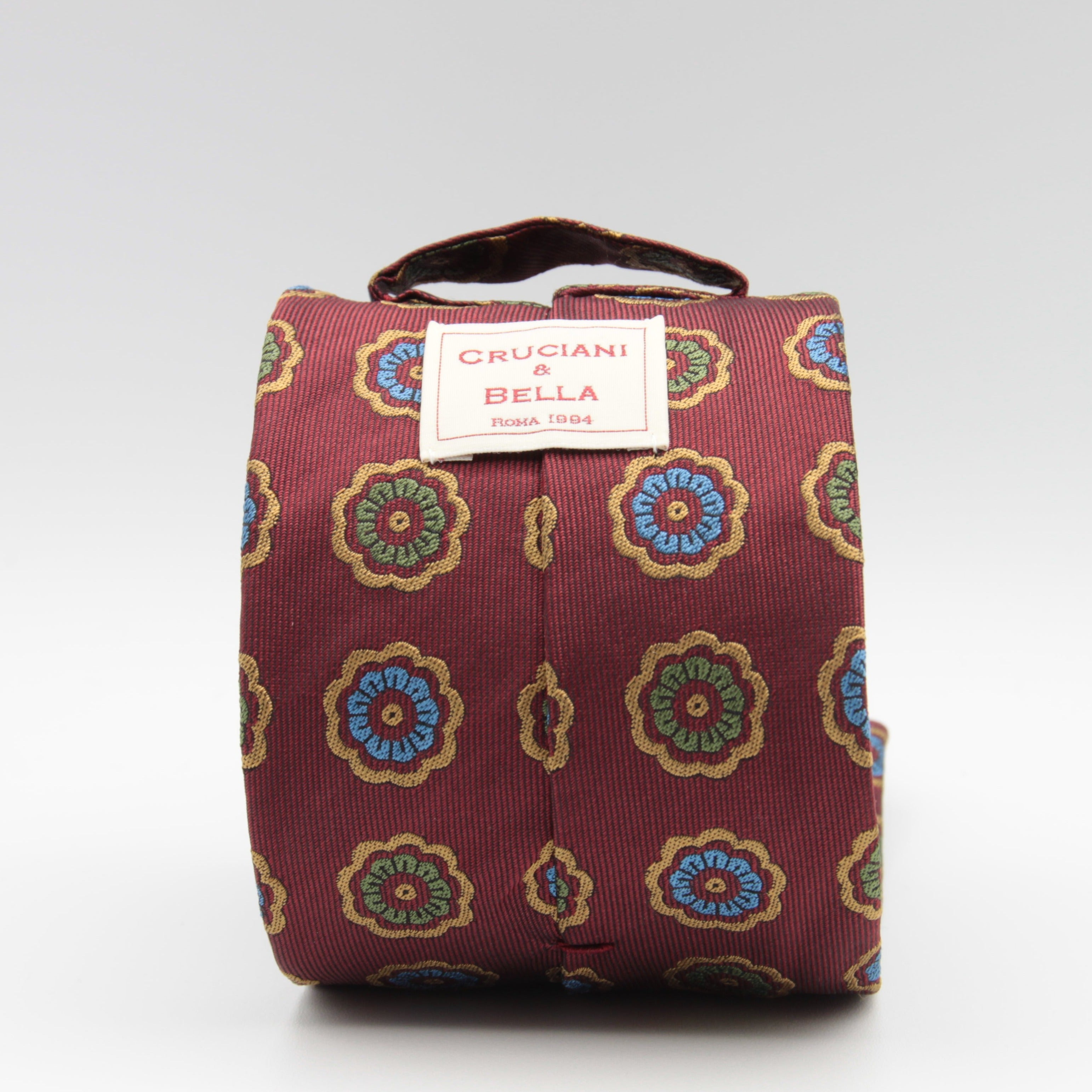 Cruciani & Bella 100% Woven Jacquard Silk Unlined Red, Brown, Blue and Green motif tie Handmade in England 8 x 153 cm #6264