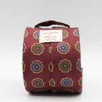Cruciani & Bella 100% Woven Jacquard Silk Unlined Red, Brown, Blue and Green motif tie Handmade in England 8 x 153 cm #6264