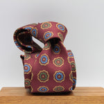 Cruciani & Bella 100% Woven Jacquard Silk Unlined Red, Brown, Blue and Green motif tie Handmade in England 8 x 153 cm #6264