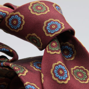 Cruciani & Bella 100% Woven Jacquard Silk Unlined Red, Brown, Blue and Green motif tie Handmade in England 8 x 153 cm #6264