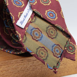 Cruciani & Bella 100% Woven Jacquard Silk Unlined Red, Brown, Blue and Green motif tie Handmade in England 8 x 153 cm #6264