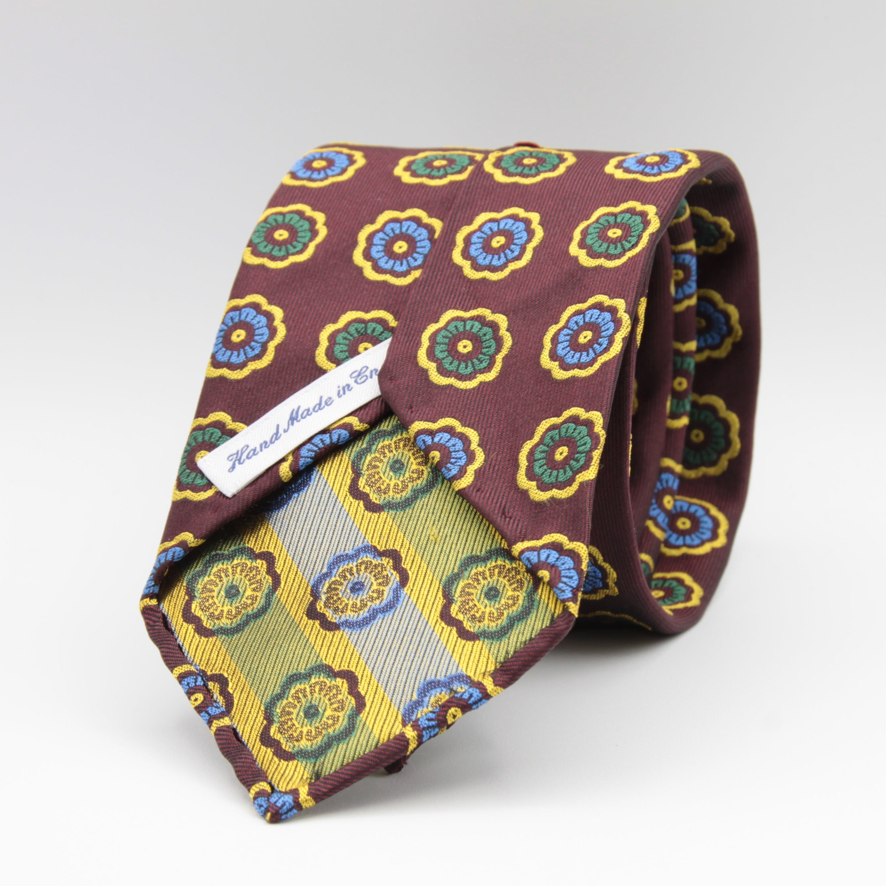 Cruciani & Bella 100% Woven Jacquard Silk Unlined Wine, Blue, Green and Yellow motif tie Handmade in England 8 x 153 cm #6267