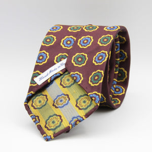 Cruciani & Bella 100% Woven Jacquard Silk Unlined Wine, Blue, Green and Yellow motif tie Handmade in England 8 x 153 cm #6267