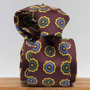 Cruciani & Bella 100% Woven Jacquard Silk Unlined Wine, Blue, Green and Yellow motif tie Handmade in England 8 x 153 cm #6267