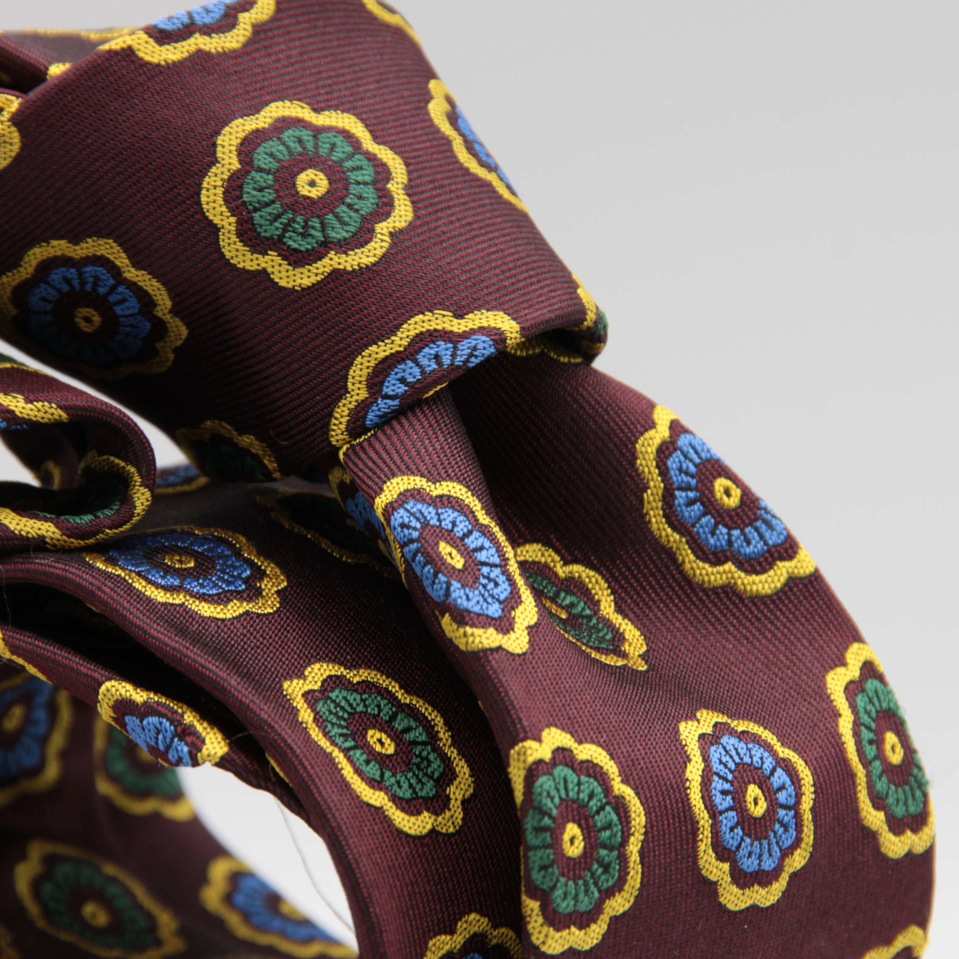 Cruciani & Bella 100% Woven Jacquard Silk Unlined Wine, Blue, Green and Yellow motif tie Handmade in England 8 x 153 cm #6267