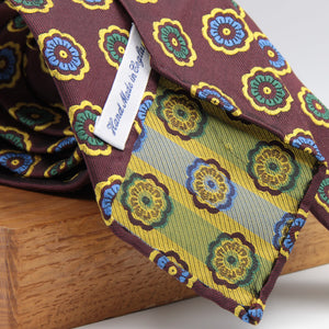 Cruciani & Bella 100% Woven Jacquard Silk Unlined Wine, Blue, Green and Yellow motif tie Handmade in England 8 x 153 cm #6267