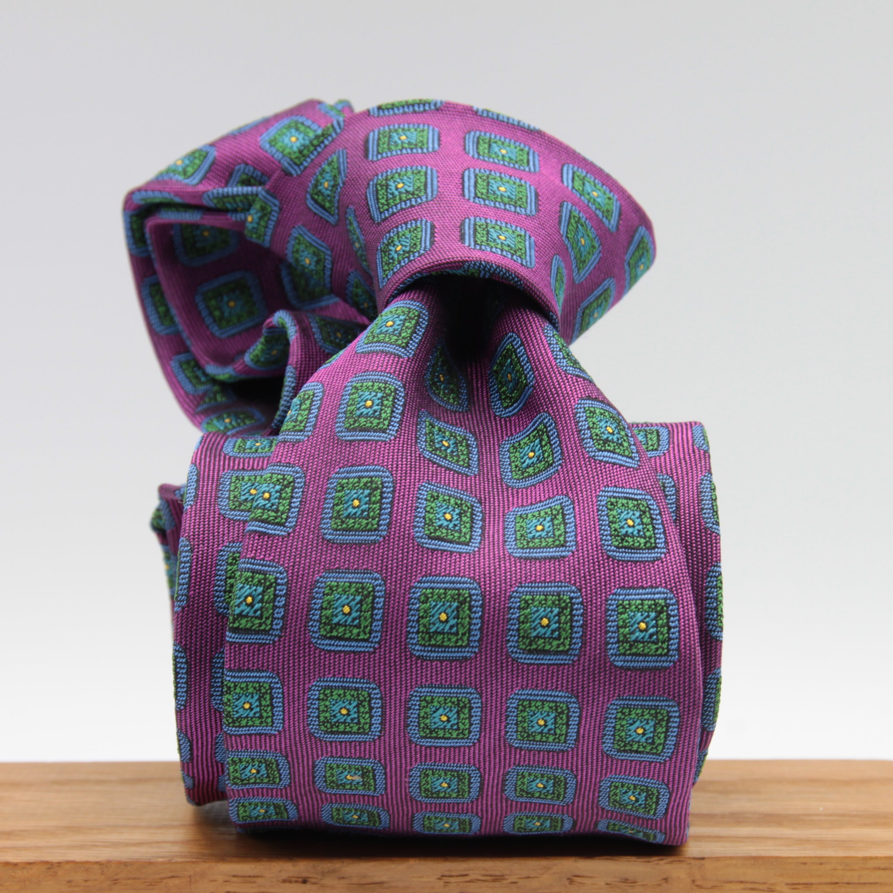 Cruciani & Bella 100% Woven Jacquard Silk Unlined Purple, Blue, Green and Yellow motif tie Handmade in England 8 x 153 cm #5753