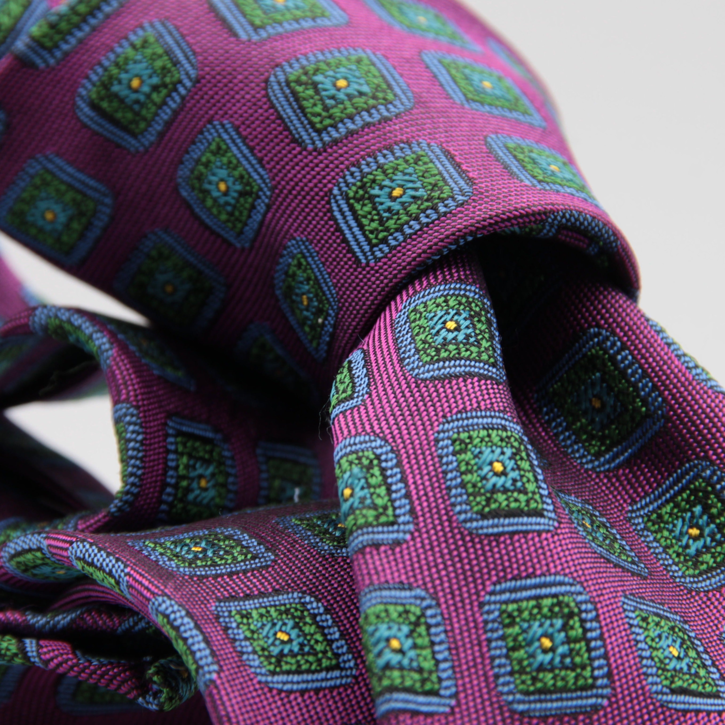 Cruciani & Bella 100% Woven Jacquard Silk Unlined Purple, Blue, Green and Yellow motif tie Handmade in England 8 x 153 cm #5753