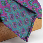 Cruciani & Bella 100% Woven Jacquard Silk Unlined Purple, Blue, Green and Yellow motif tie Handmade in England 8 x 153 cm #5753