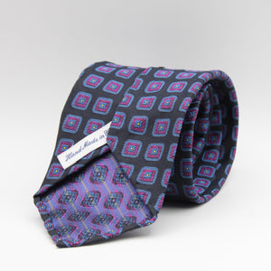 Cruciani & Bella 100% Woven Jacquard Silk Unlined Dark Blue, Purple, Blue and Yellow motif tie Handmade in England 8 x 153 cm #6261
