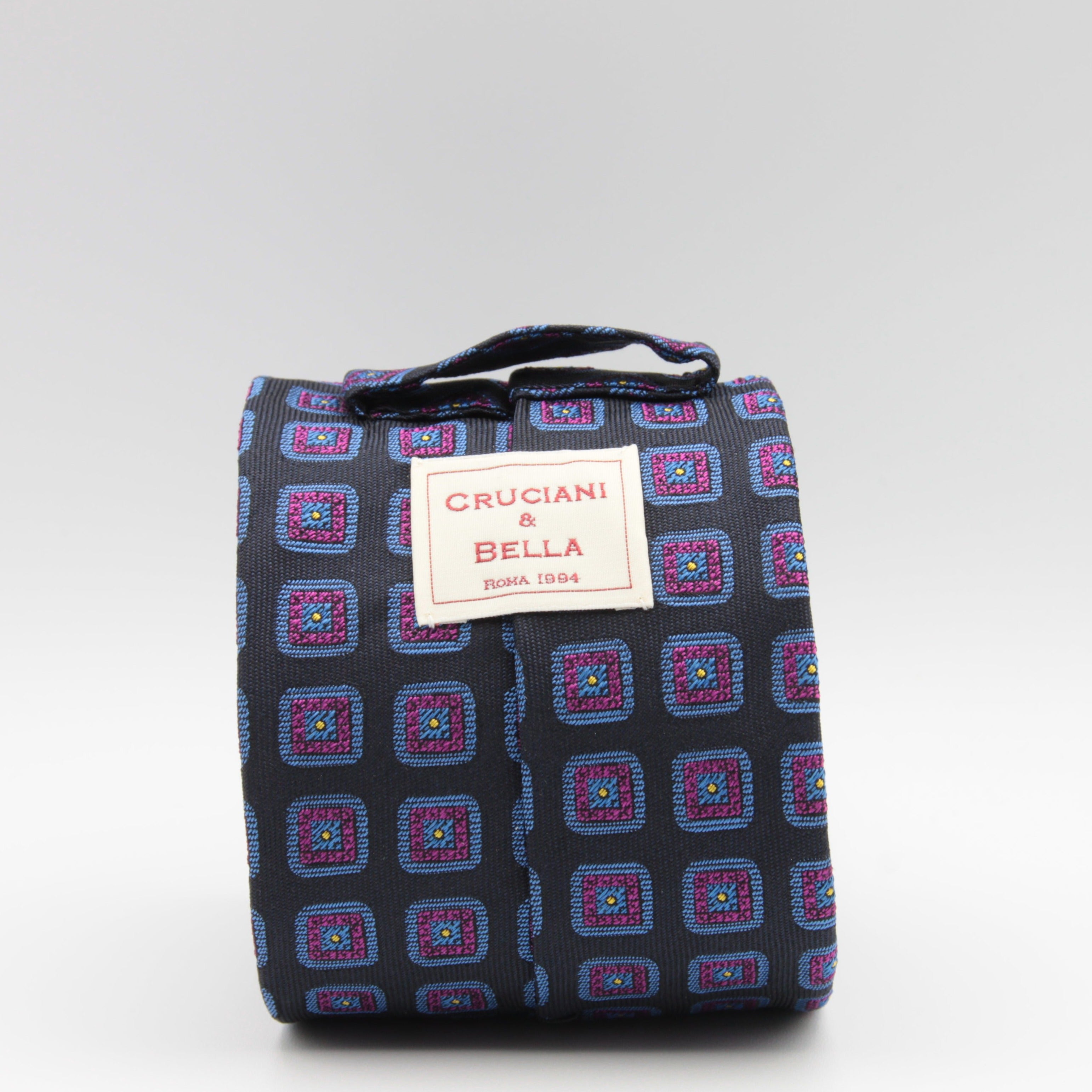 Cruciani & Bella 100% Woven Jacquard Silk Unlined Dark Blue, Purple, Blue and Yellow motif tie Handmade in England 8 x 153 cm #6261