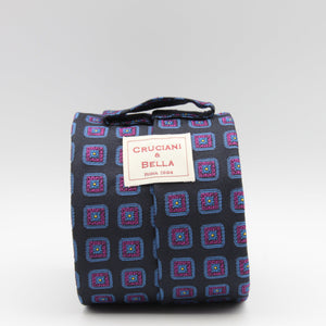 Cruciani & Bella 100% Woven Jacquard Silk Unlined Dark Blue, Purple, Blue and Yellow motif tie Handmade in England 8 x 153 cm #6261