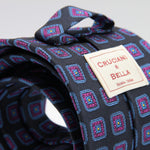 Cruciani & Bella 100% Woven Jacquard Silk Unlined Dark Blue, Purple, Blue and Yellow motif tie Handmade in England 8 x 153 cm #6261