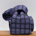 Cruciani & Bella 100% Woven Jacquard Silk Unlined Dark Blue, Purple, Blue and Yellow motif tie Handmade in England 8 x 153 cm #6261