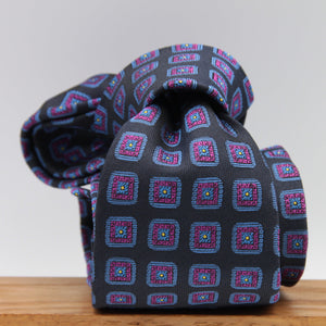 Cruciani & Bella 100% Woven Jacquard Silk Unlined Dark Blue, Purple, Blue and Yellow motif tie Handmade in England 8 x 153 cm #6261