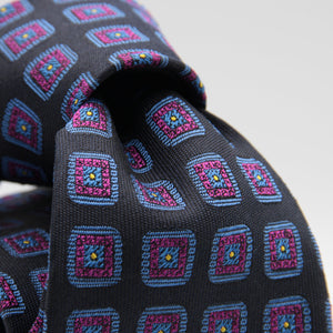 Cruciani & Bella 100% Woven Jacquard Silk Unlined Dark Blue, Purple, Blue and Yellow motif tie Handmade in England 8 x 153 cm #6261
