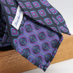 Cruciani & Bella 100% Woven Jacquard Silk Unlined Dark Blue, Purple, Blue and Yellow motif tie Handmade in England 8 x 153 cm #6261