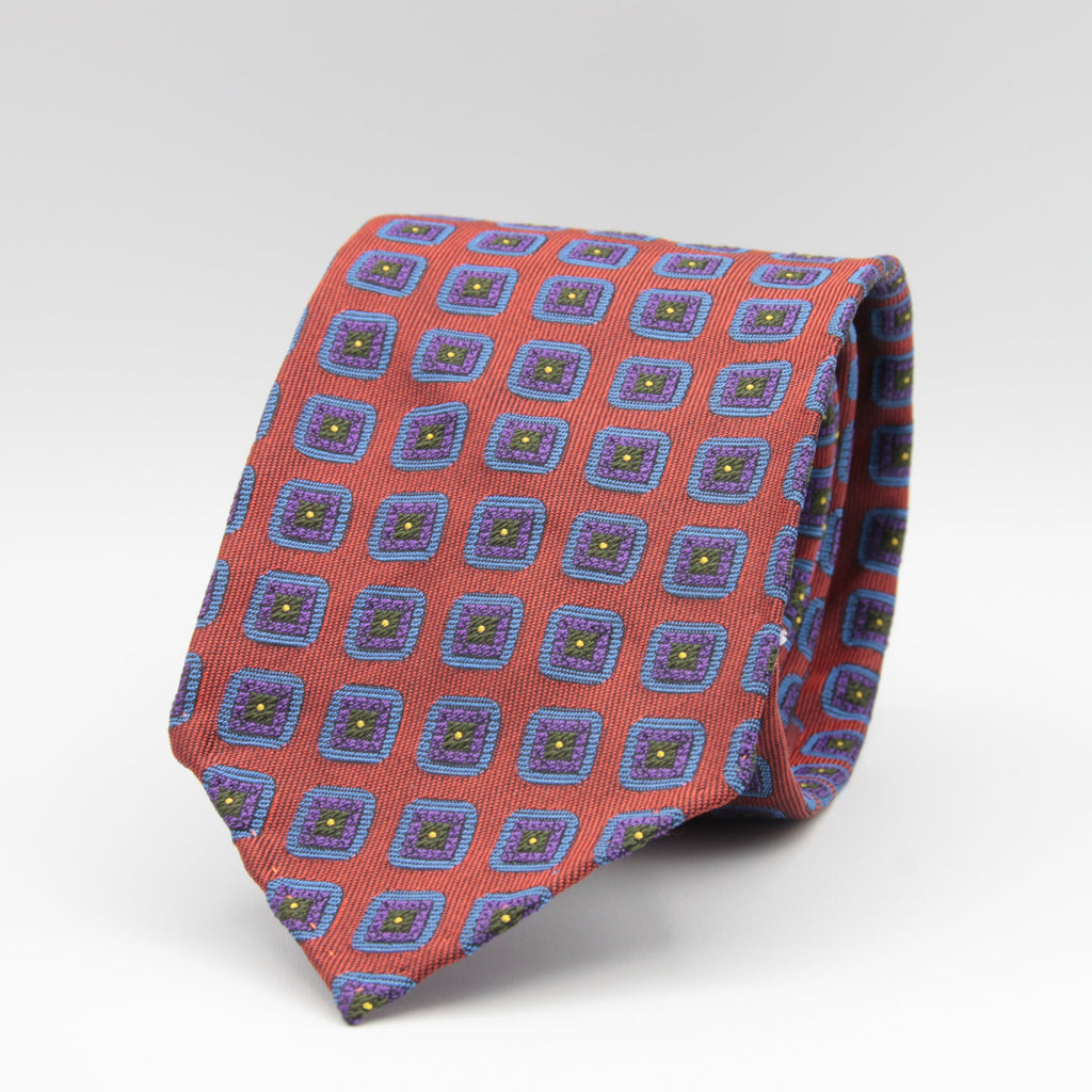 Cruciani & Bella 100% Woven Jacquard Silk Unlined Orange, Purple, Green and Yellow motif tie Handmade in England 8 x 153 cm #6262