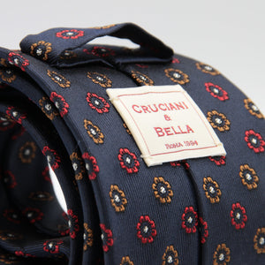Cruciani & Bella 100% Woven Jacquard Silk Self-Tipped Blue, Brown,Red and White motif tie Handmade in England 8 x 150 cm #3861