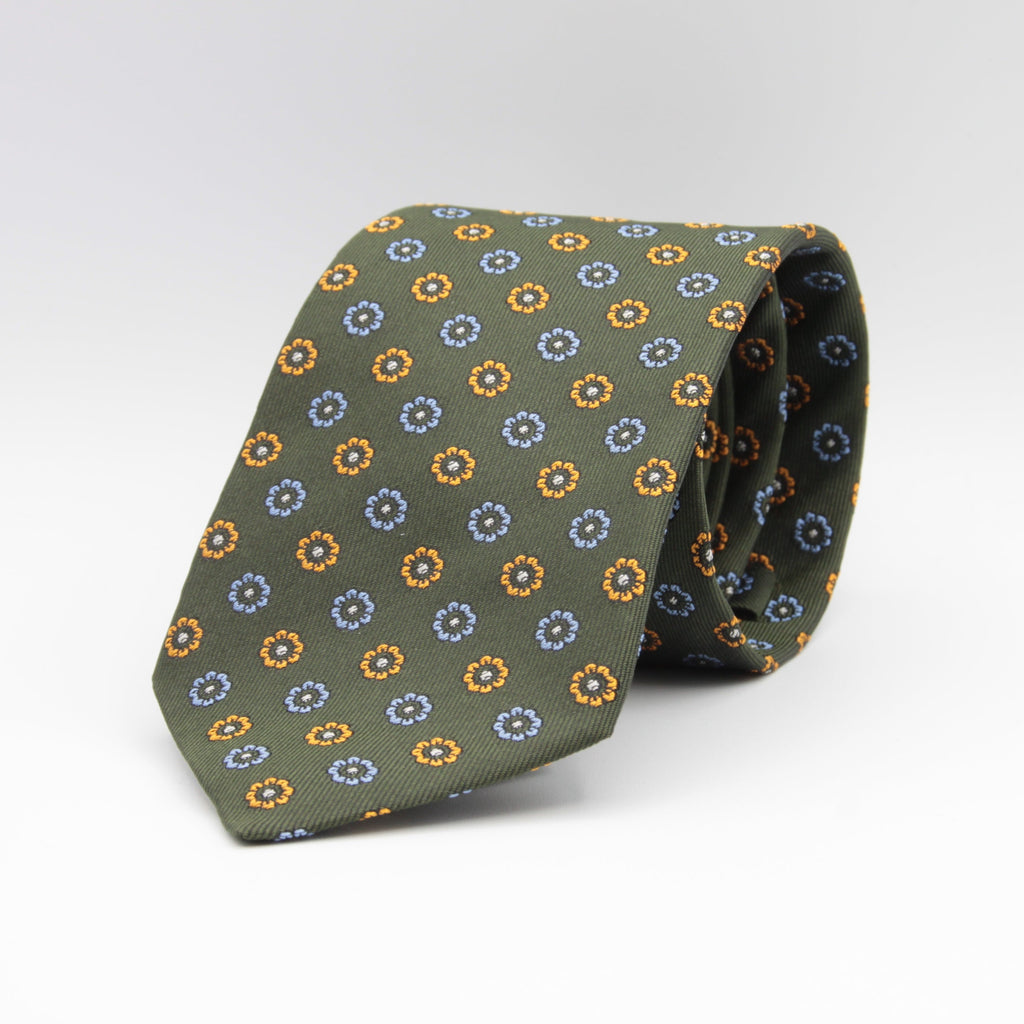 Cruciani & Bella 100% Woven Jacquard Silk Self-Tipped Green, Light Blue, Yellow and White motif tie Handmade in England 8 x 150 cm #6419