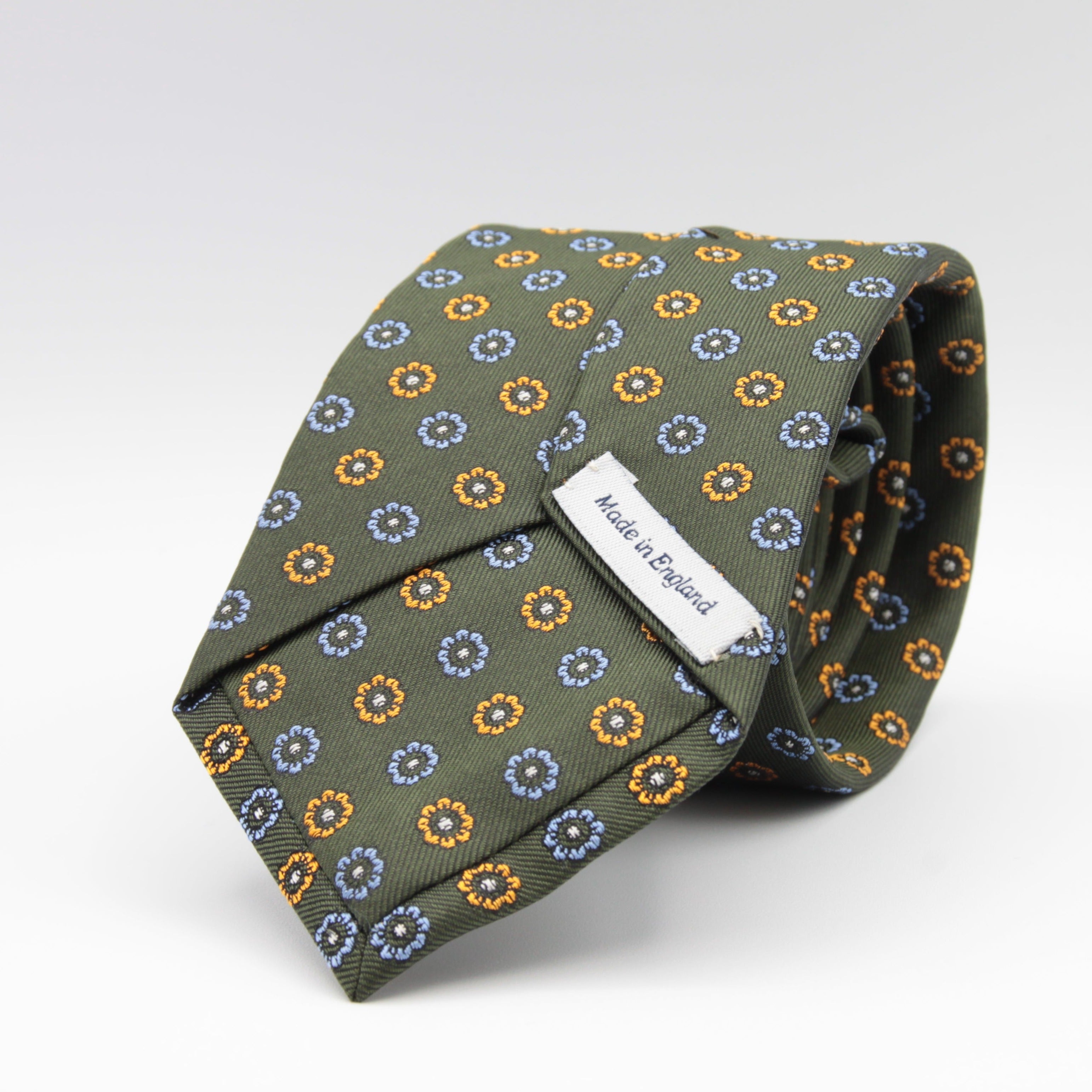 Cruciani & Bella 100% Woven Jacquard Silk Self-Tipped Green, Light Blue, Yellow and White motif tie Handmade in England 8 x 150 cm #6419