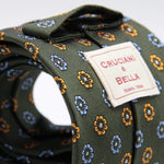 Cruciani & Bella 100% Woven Jacquard Silk Self-Tipped Green, Light Blue, Yellow and White motif tie Handmade in England 8 x 150 cm #6419