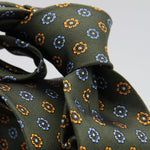 Cruciani & Bella 100% Woven Jacquard Silk Self-Tipped Green, Light Blue, Yellow and White motif tie Handmade in England 8 x 150 cm #6419