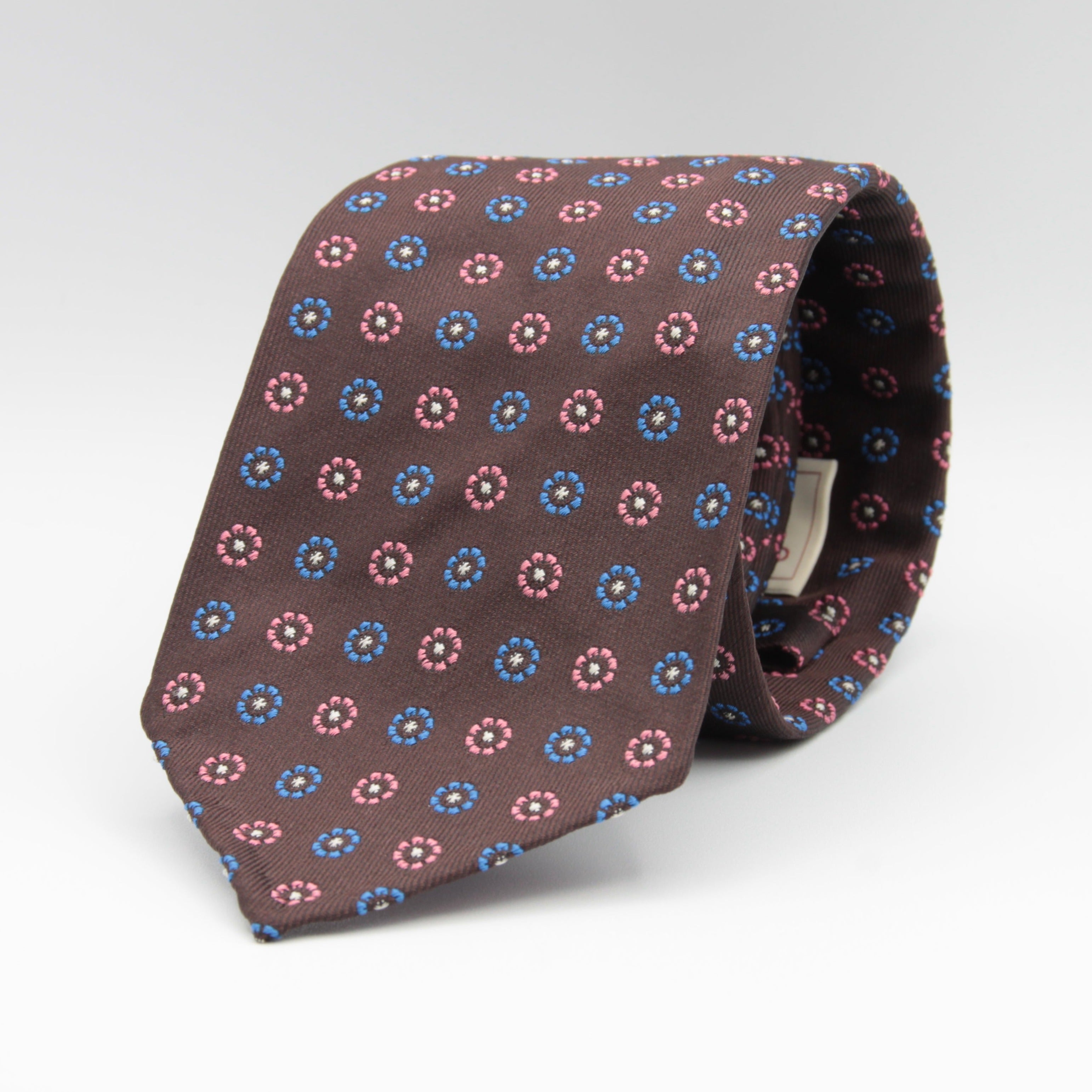 Cruciani & Bella 100% Woven Jacquard Silk Unlined Brown, Pink, Blue and White motif tie Handmade in England 8 x 153 cm #3868