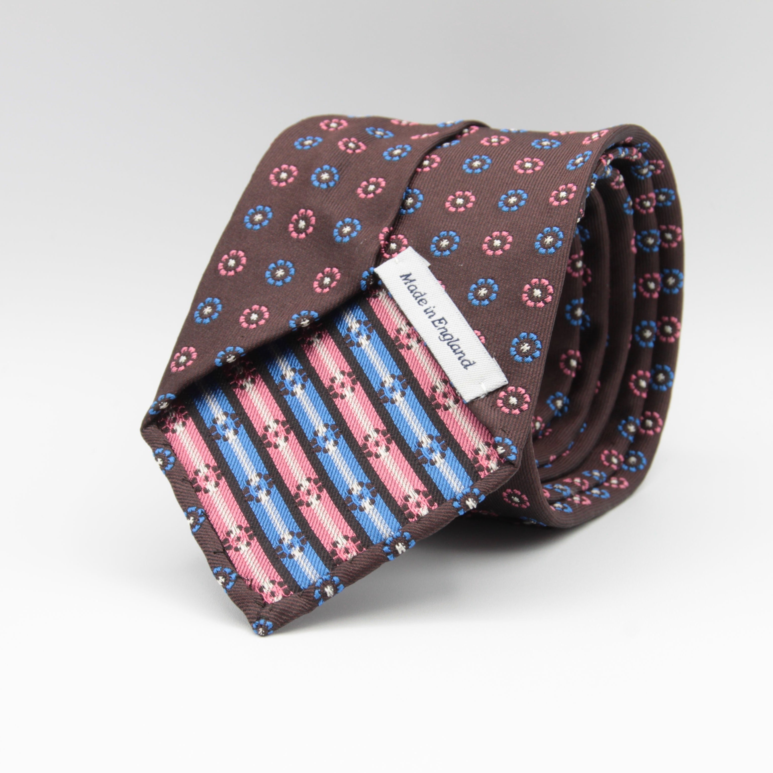 Cruciani & Bella 100% Woven Jacquard Silk Unlined Brown, Pink, Blue and White motif tie Handmade in England 8 x 153 cm #3868