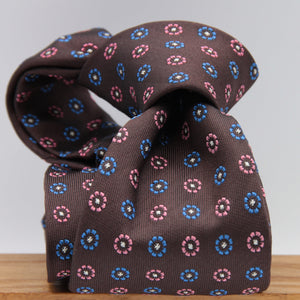 Cruciani & Bella 100% Woven Jacquard Silk Unlined Brown, Pink, Blue and White motif tie Handmade in England 8 x 153 cm #3868