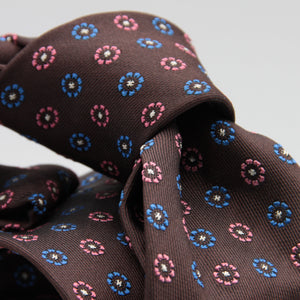 Cruciani & Bella 100% Woven Jacquard Silk Unlined Brown, Pink, Blue and White motif tie Handmade in England 8 x 153 cm #3868