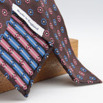 Cruciani & Bella 100% Woven Jacquard Silk Unlined Brown, Pink, Blue and White motif tie Handmade in England 8 x 153 cm #3868