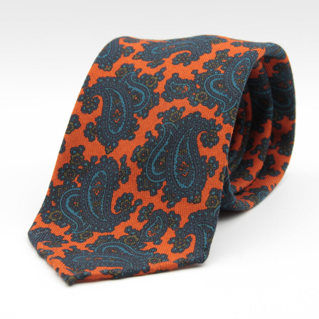 Cruciani & Bella 100%  Printed Wool  Unlined Hand rolled blades Orange, Blue and Brown Paisley Motif Tie Handmade in Italy 8 cm x 150 cm #5207