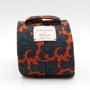 Cruciani & Bella 100%  Printed Wool  Unlined Hand rolled blades Orange, Blue and Brown Paisley Motif Tie Handmade in Italy 8 cm x 150 cm #5207