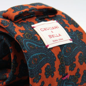Cruciani & Bella 100%  Printed Wool  Unlined Hand rolled blades Orange, Blue and Brown Paisley Motif Tie Handmade in Italy 8 cm x 150 cm #5207