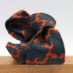Cruciani & Bella 100%  Printed Wool  Unlined Hand rolled blades Orange, Blue and Brown Paisley Motif Tie Handmade in Italy 8 cm x 150 cm #5207