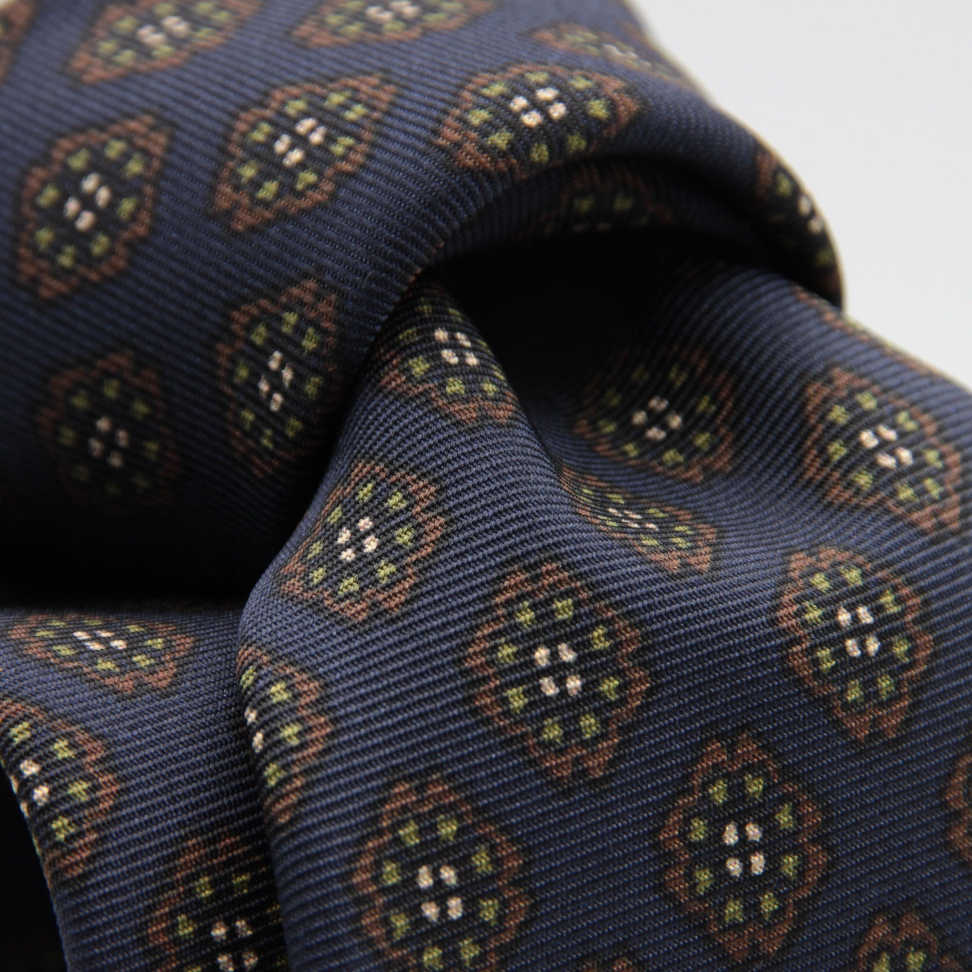 Holliday & Brown for Cruciani & Bella 100% printed Silk Self tipped Blue, Brown and Green motif tie Handmade in Italy 8 cm x 150 cm #6970