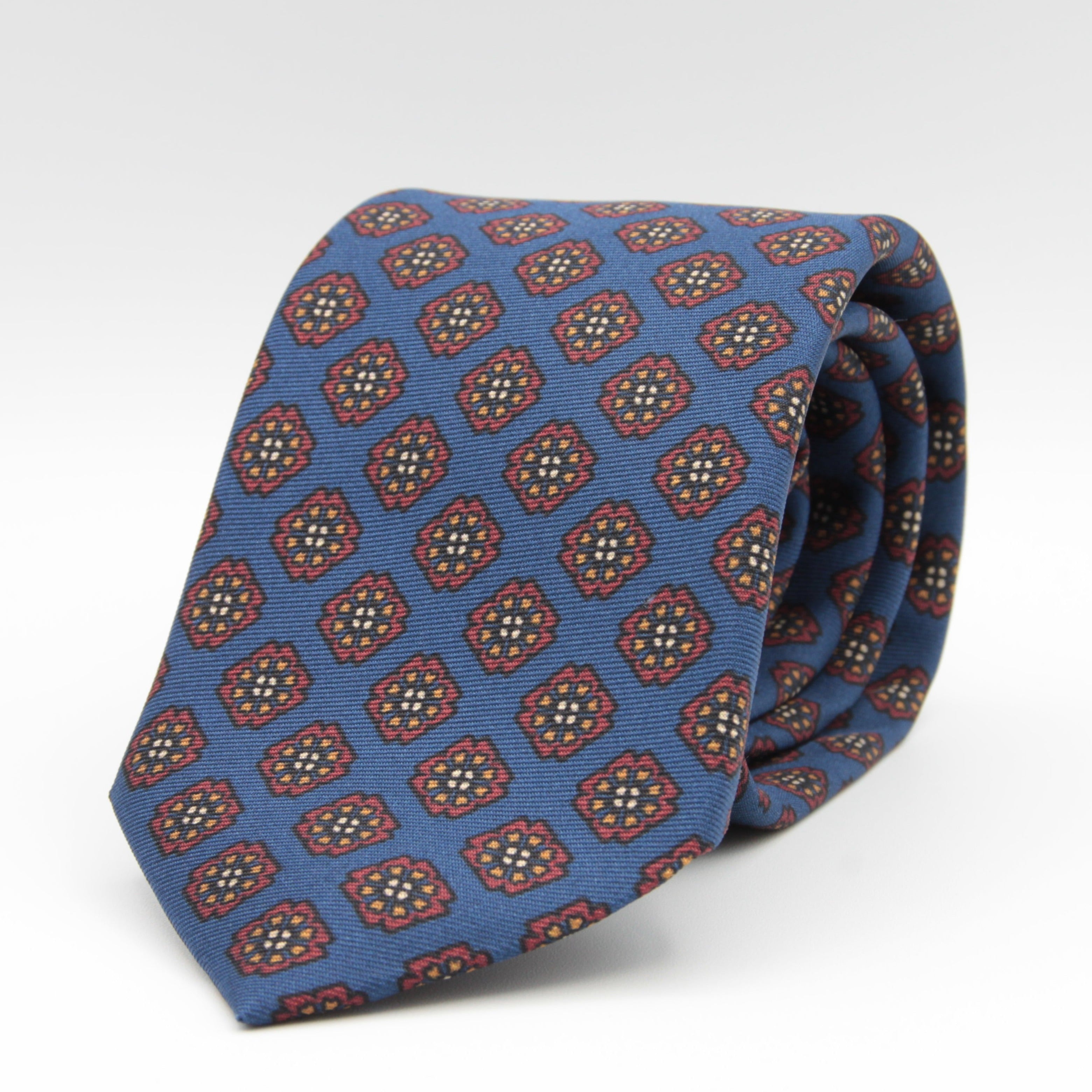 Holliday & Brown for Cruciani & Bella 100% printed Silk Self tipped Light Blue, Rust and Orange motif tie Handmade in Italy 8 cm x 150 cm #6971