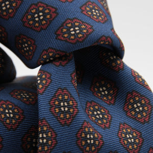 Holliday & Brown for Cruciani & Bella 100% printed Silk Self tipped Light Blue, Rust and Orange motif tie Handmade in Italy 8 cm x 150 cm #6971