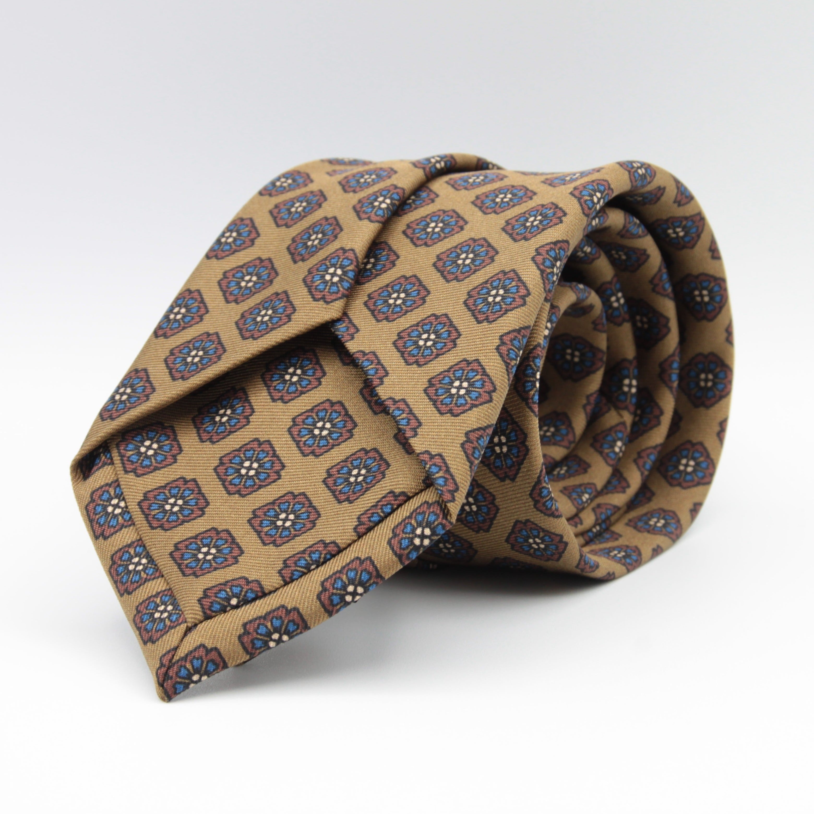 Holliday & Brown for Cruciani & Bella 100% printed Silk Self tipped Light Brownish Olive, Brown and Blue motif tie Handmade in Italy 8 cm x 150 cm #6973