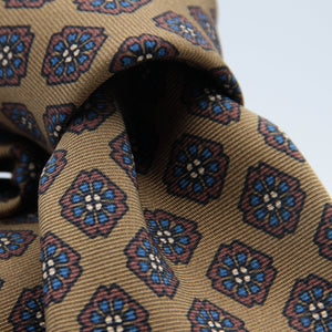 Holliday & Brown for Cruciani & Bella 100% printed Silk Self tipped Light Brownish Olive, Brown and Blue motif tie Handmade in Italy 8 cm x 150 cm #6973