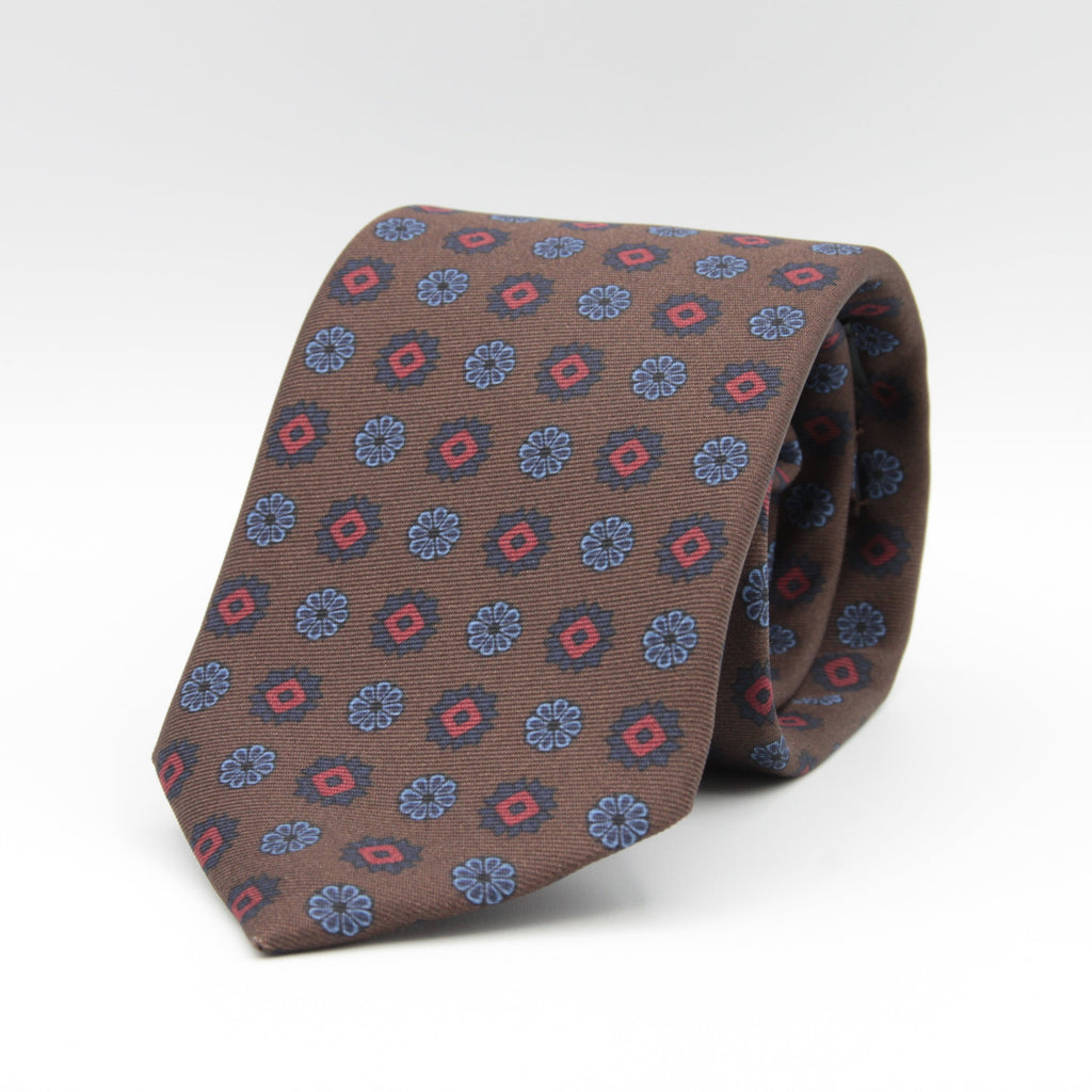 Holliday & Brown for Cruciani & Bella 100% printed Silk Self tipped Brown, Blue and Red motif tie Handmade in Italy 8 cm x 150 cm #6992