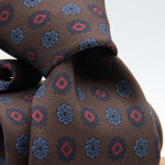 Holliday & Brown for Cruciani & Bella 100% printed Silk Self tipped Brown, Blue and Red motif tie Handmade in Italy 8 cm x 150 cm #6992