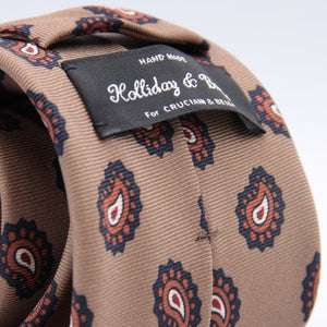 Holliday & Brown for Cruciani & Bella 100% printed Silk Self tipped Light Brown, Blue and White Paisley motif tie Handmade in Italy 8 cm x 150 cm #7000