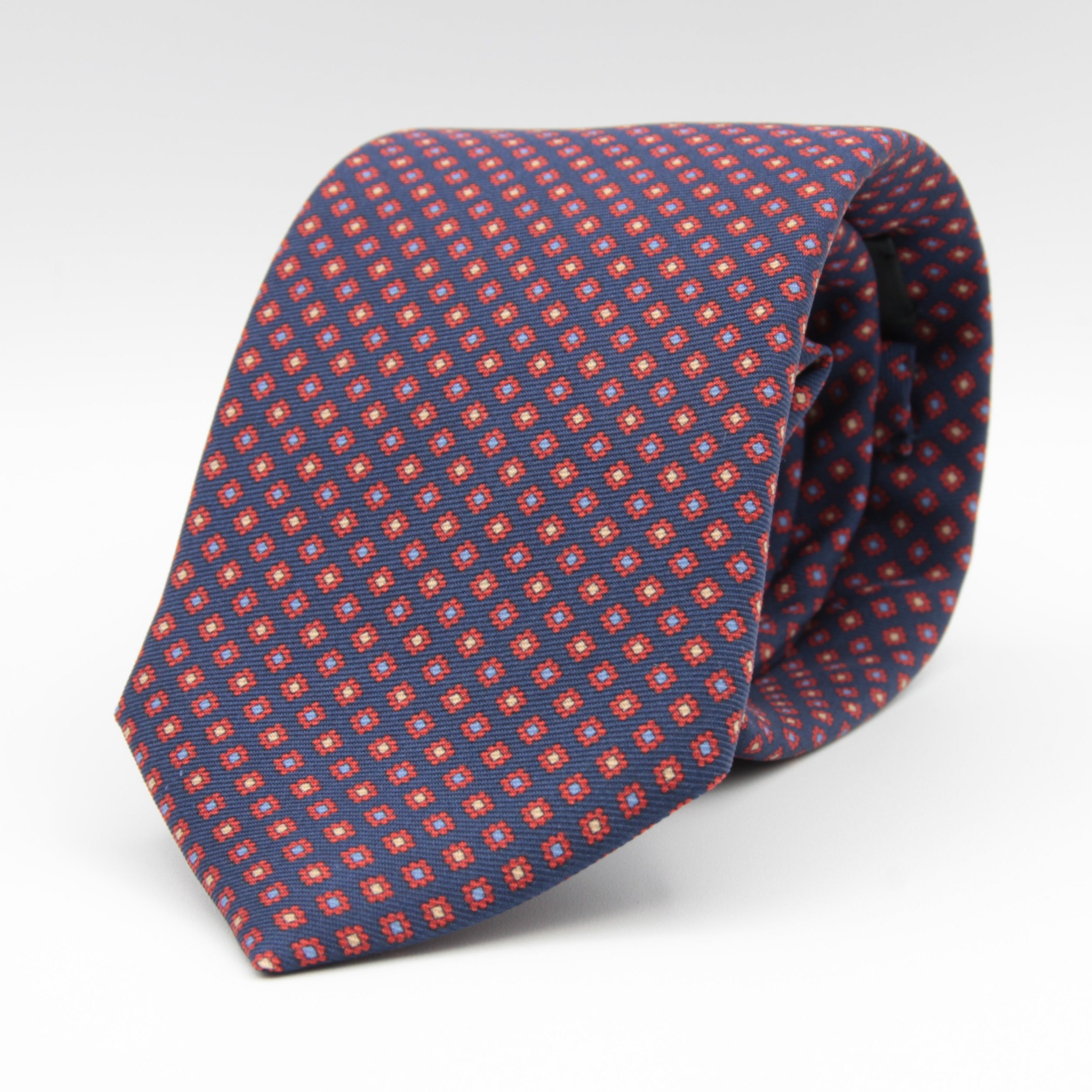 Holliday & Brown for Cruciani & Bella 100% printed Madder Silk Self tipped Blue, Red and Yellow motif tie Handmade in Italy 8 cm x 150 cm #6995
