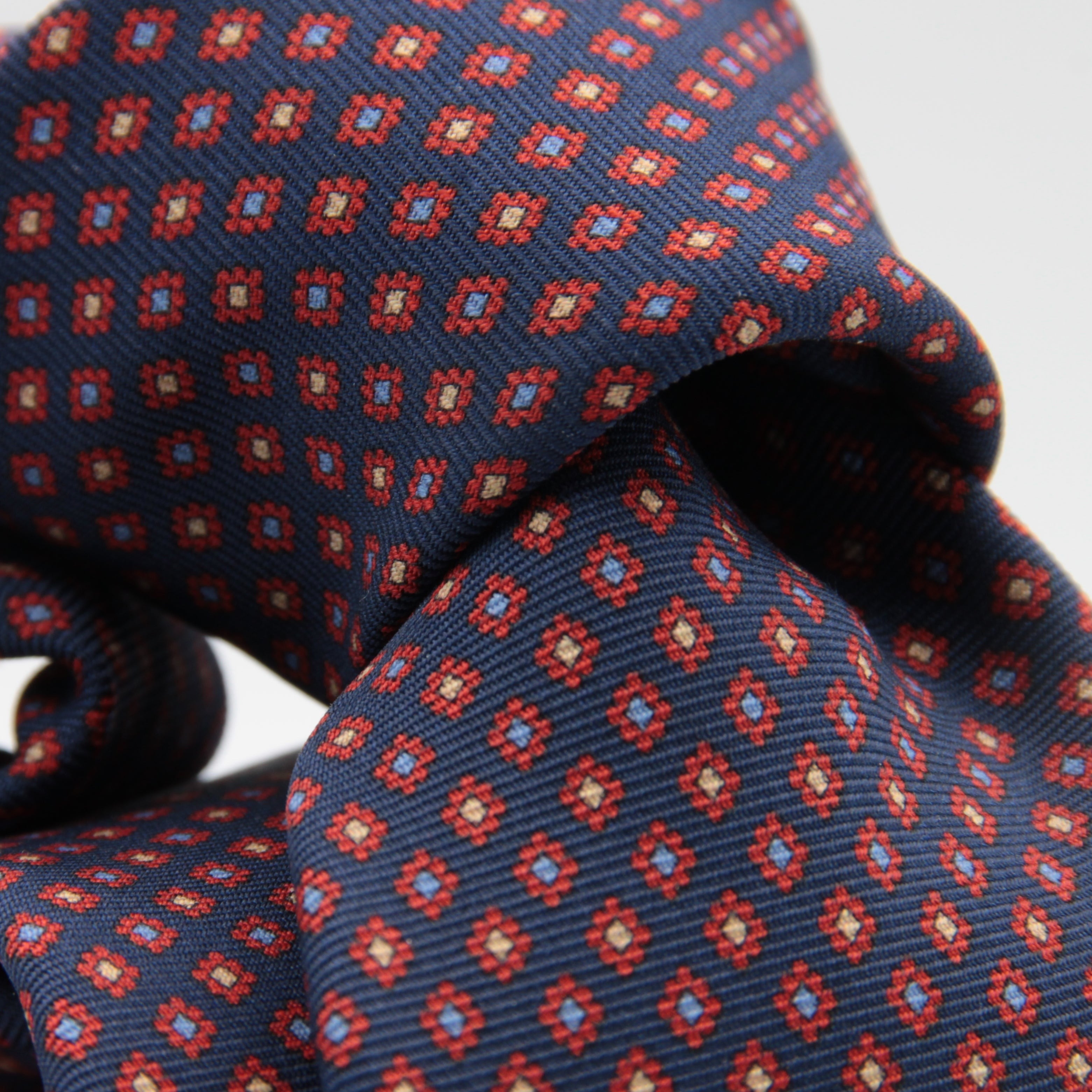 Holliday & Brown for Cruciani & Bella 100% printed Madder Silk Self tipped Blue, Red and Yellow motif tie Handmade in Italy 8 cm x 150 cm #6995
