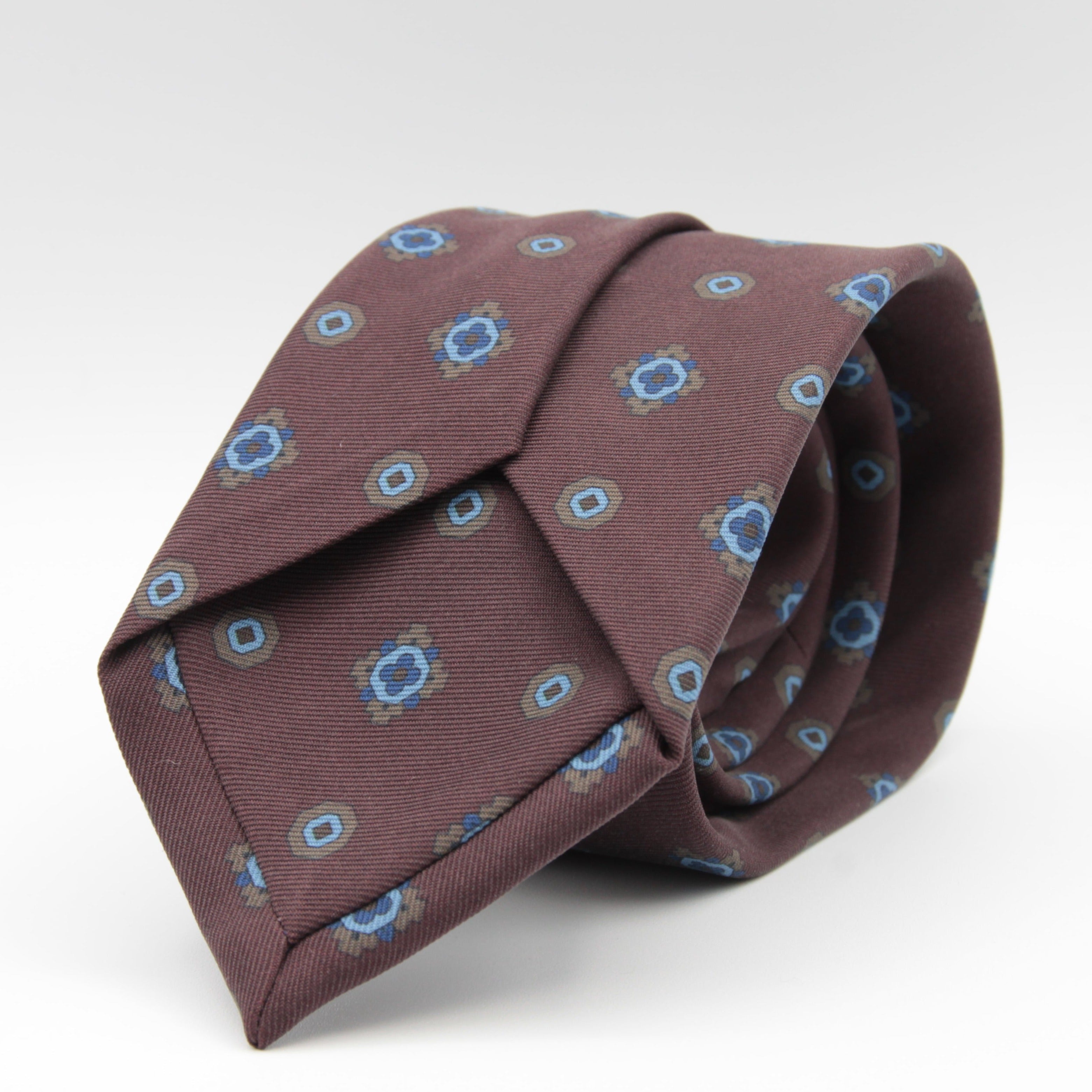 Holliday & Brown for Cruciani & Bella 100% printed Madder Silk Self tipped Wine, Blue and Brown motif tie Handmade in Italy 8 cm x 150 cm #7347