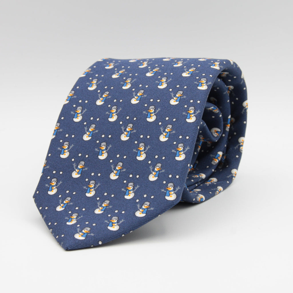 Holliday & Brown for Cruciani & Bella 100% printed Silk Self tipped Blue with Grey Snowman tie Handmade in Italy 8 cm x 150 cm #1533