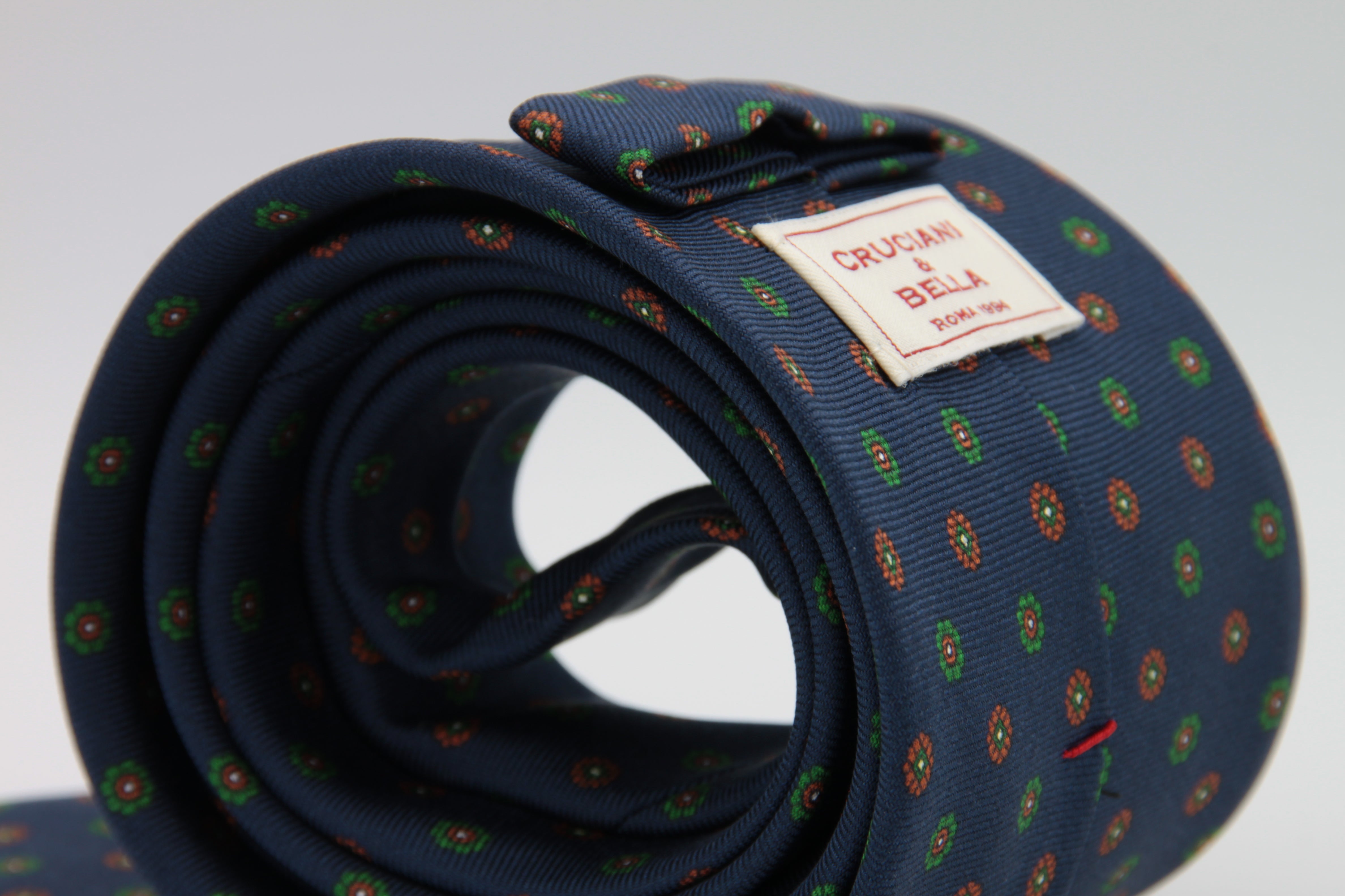 Cruciani & Bella 100% Silk Printed Self-Tipped Blue,Green and Brown Motif Tie Handmade in Italy 8 cm x 150 cm #7168